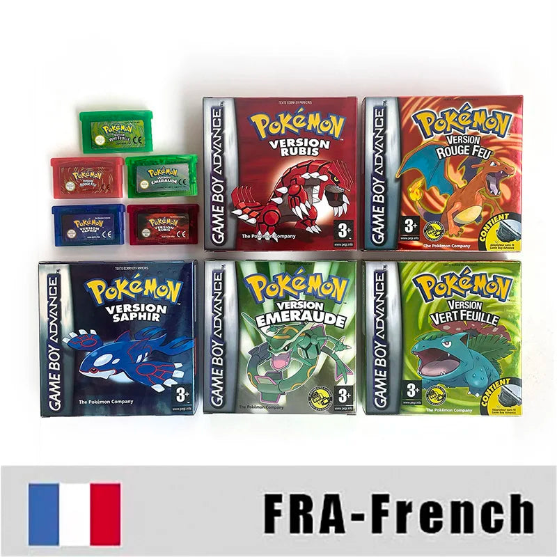 USA FRA NOE FRA version GBA game IC SAVE CART pokemon LeafGreen Firered sealed box tray Game Cartridge manual for gba