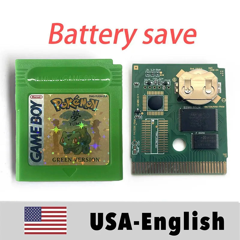 USA FRA English French Pokemon pure yume red blue green battery save cart Cartridge Video Game Console Card Rom Hack for gbc