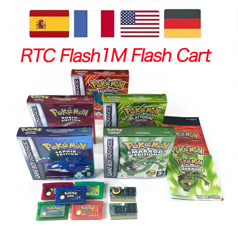 USA FRA NOE FRA version GBA game RTC 1 M Flash CART pokemon sapphire ruby sealed box tray Game Cartridge manual for gba