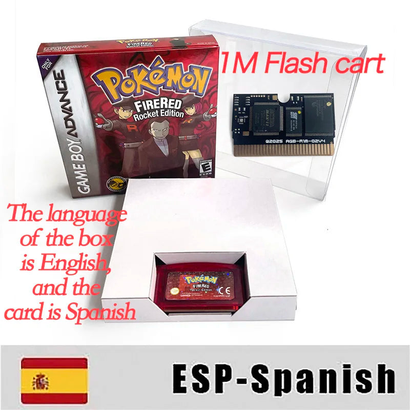 GBA Game USA ESP RTC Flash cart pokemon GLAZED Emerald Legacy firered rocket Unbound Cartridge BOX Card Rom Hack English Spanish