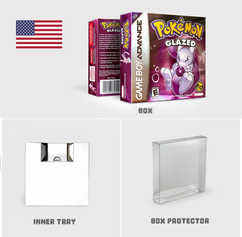 Pokemon glazed USA ESP PT Version GBA Game RTC Flash cart Cartridge Video Game Card Rom Hack Spanish Portuguese English