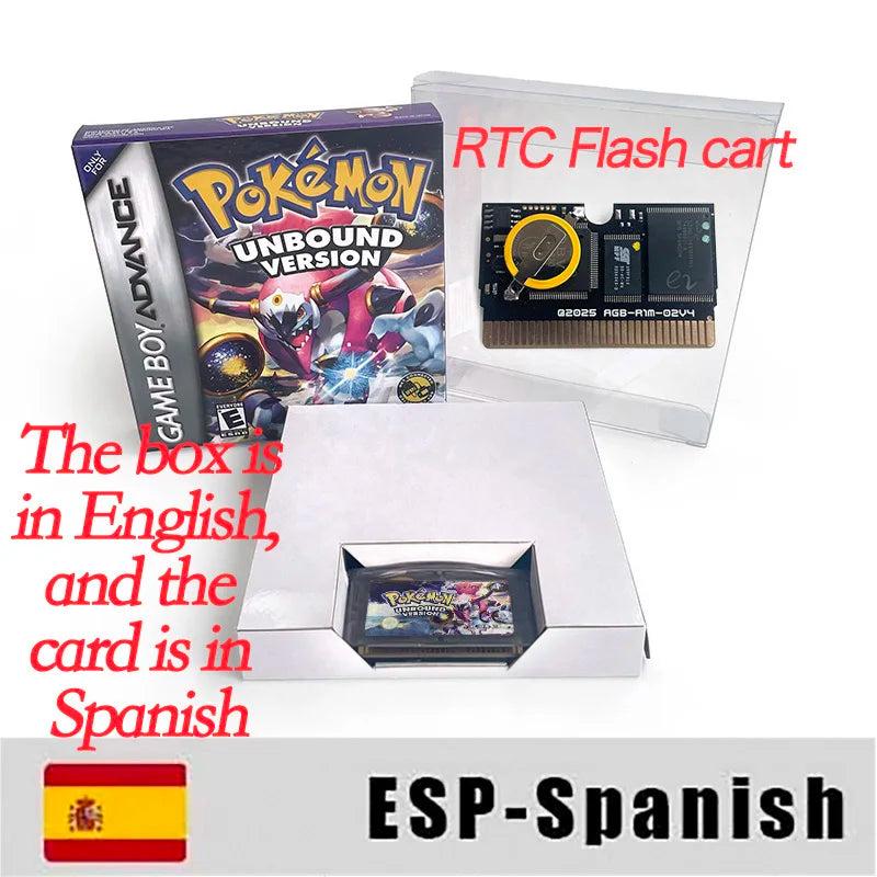 USA ESP Version IC RTC Flash cart Pokemon Unbound (v2.1.1.1) GBA Game Cartridge  Rom Hack Spanish English Language