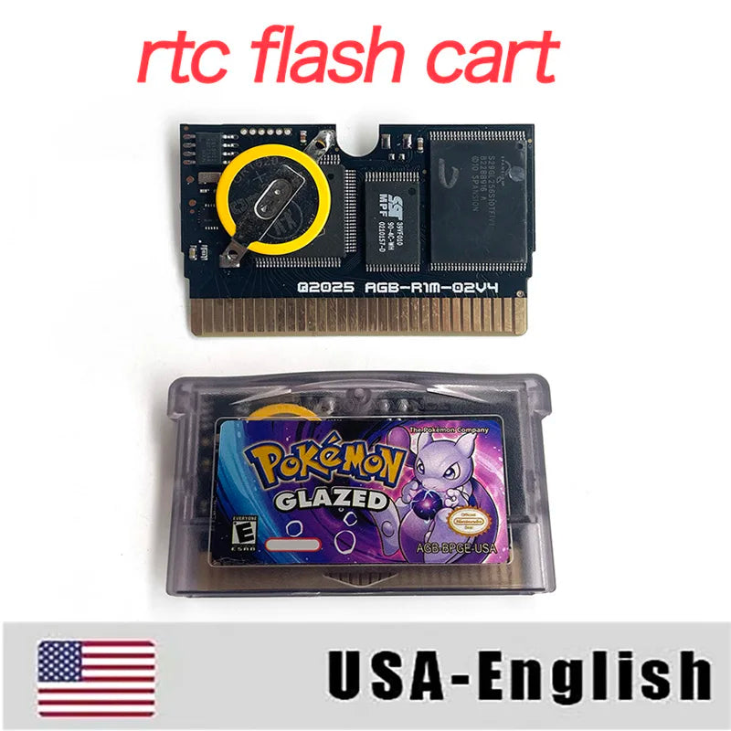 Pokemon glazed USA ESP PT Version GBA Game RTC Flash cart Cartridge Video Game Card Rom Hack Spanish Portuguese English