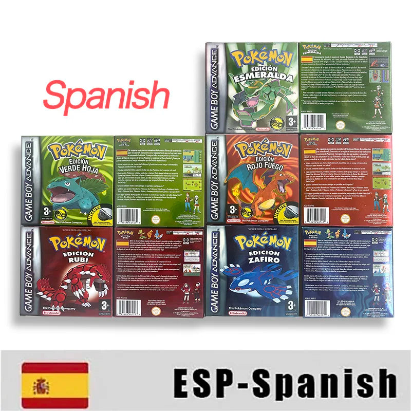 EUR ESP NOE FRA ITA IC save cart Nintendo Pokemon Emerald Ruby Leafgreen Sapphire Firered Metallic Holographic Box game cartridge for GBA
