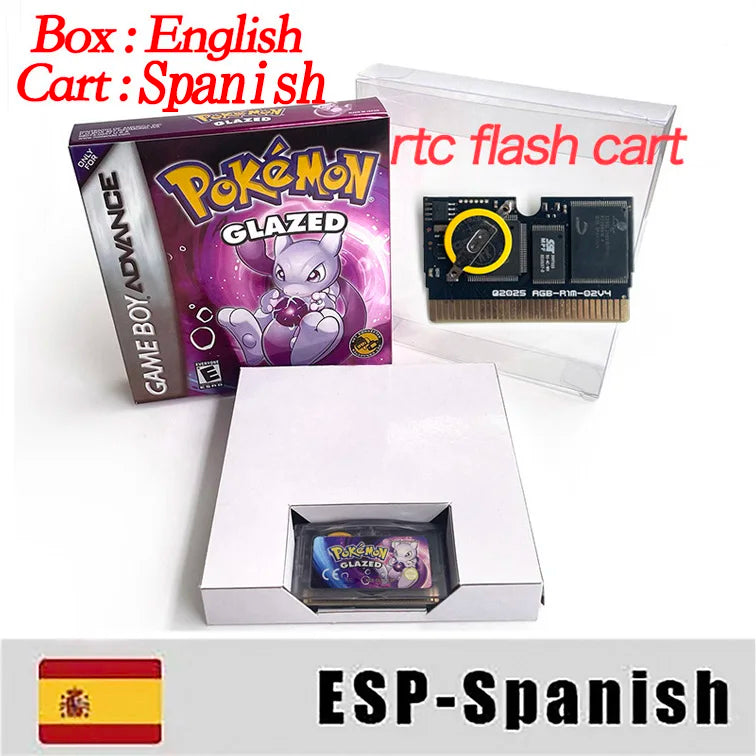 GBA Game Pokemon Glazed v8.6.3.gba ESP USA PT Version RTC Flash cart Cartridge Rom Hack English Spanish Portuguese