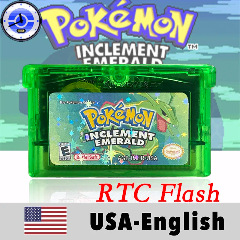 USA English RTC Flash Cart Pokemon Altered Emerald Odyssey GLAZED Flora Sky quetzal pisces Game Cartridge Card Rom Hack for Gba