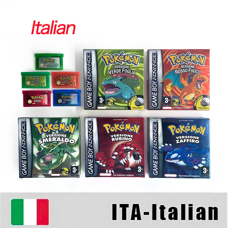EUR ESP NOE FRA ITA IC save cart Nintendo Pokemon Emerald Ruby Leafgreen Sapphire Firered Metallic Holographic Box game cartridge for GBA