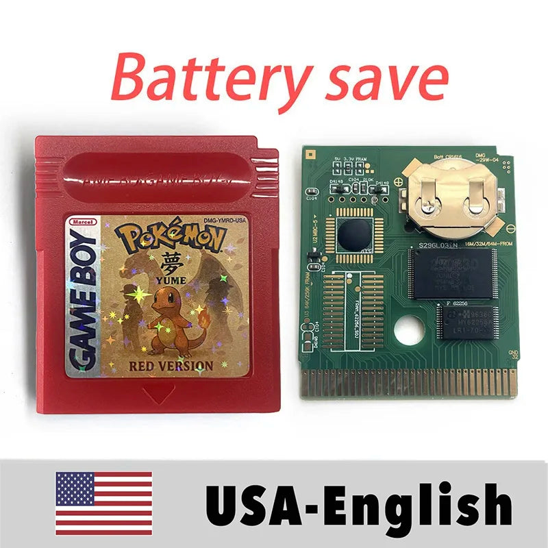 USA FRA English French Pokemon pure yume red blue green battery save cart Cartridge Video Game Console Card Rom Hack for gbc