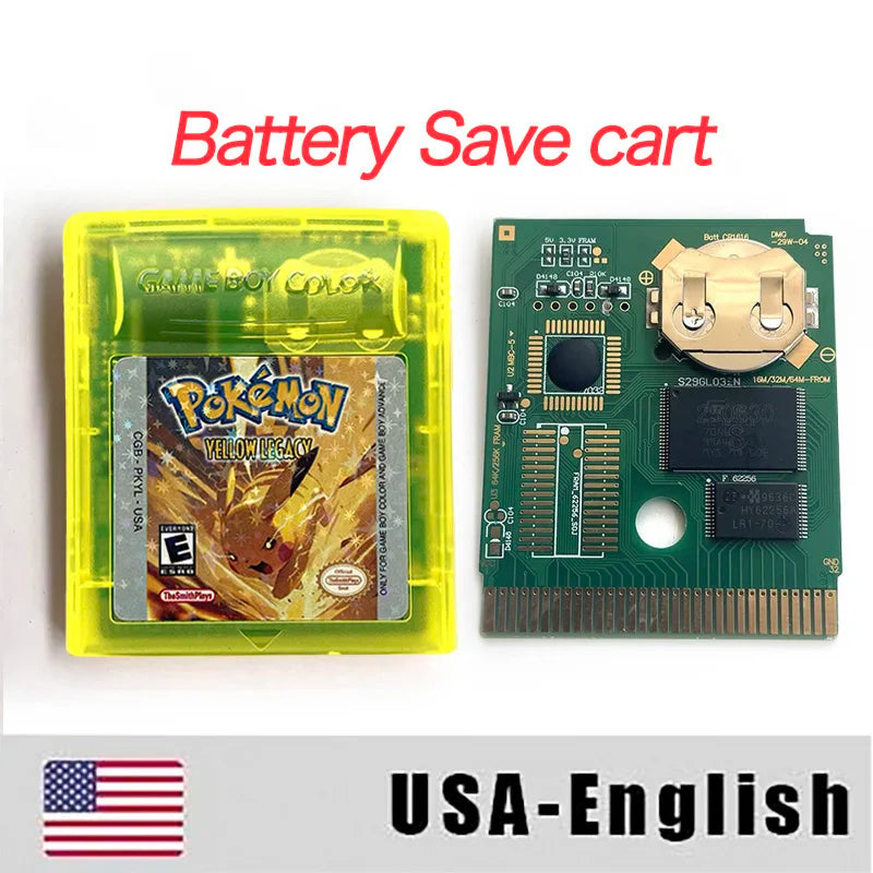 Pokemon YELLOW LEGACY  ( Battery Save / NO RTC Flash ) Cartridge for GBC