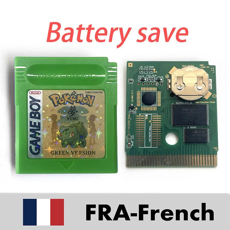 USA FRA English French Pokemon pure yume red blue green battery save cart Cartridge Video Game Console Card Rom Hack for gbc