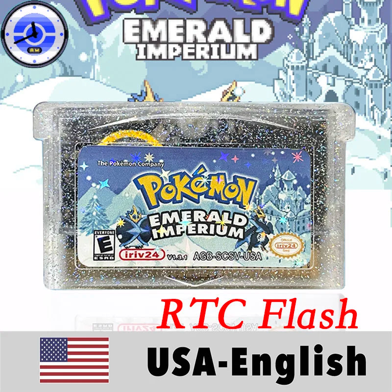 USA English RTC Flash Cart Pokemon Altered Emerald Odyssey GLAZED Flora Sky quetzal pisces Game Cartridge Card Rom Hack for Gba