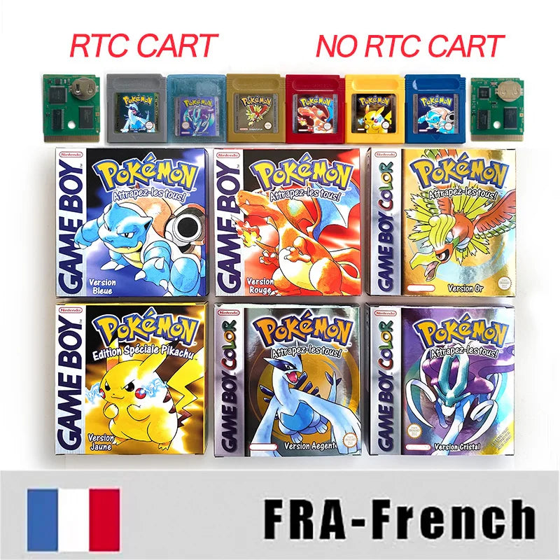 ITA ESP EUR FRA NOE USA Pokemon series RTC Flash silver crystal gold NO RTC flash yellow red blue 16 bit box tray Game Cartridge for GBC Multi-language