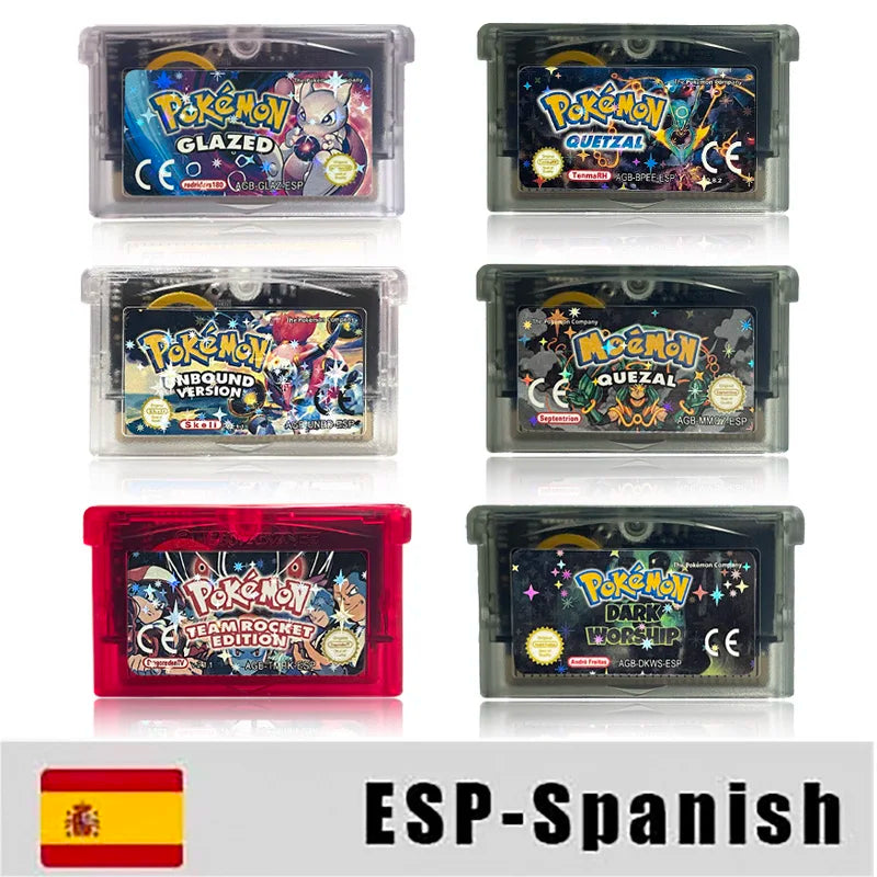 ESP Spanish RTC Flash cart pokemon QUEZAL team rocket glazed quetzal dark worship unbound Cartridge Card Rom Hack for gba