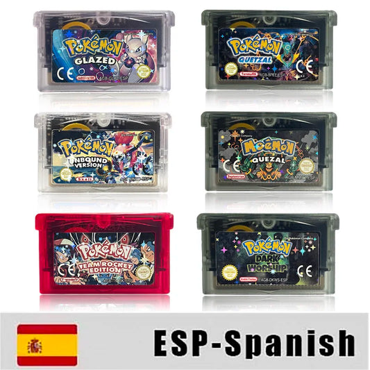 ESP Spanish RTC Flash cart pokemon QUEZAL team rocket glazed quetzal dark worship unbound Cartridge Card Rom Hack for gba