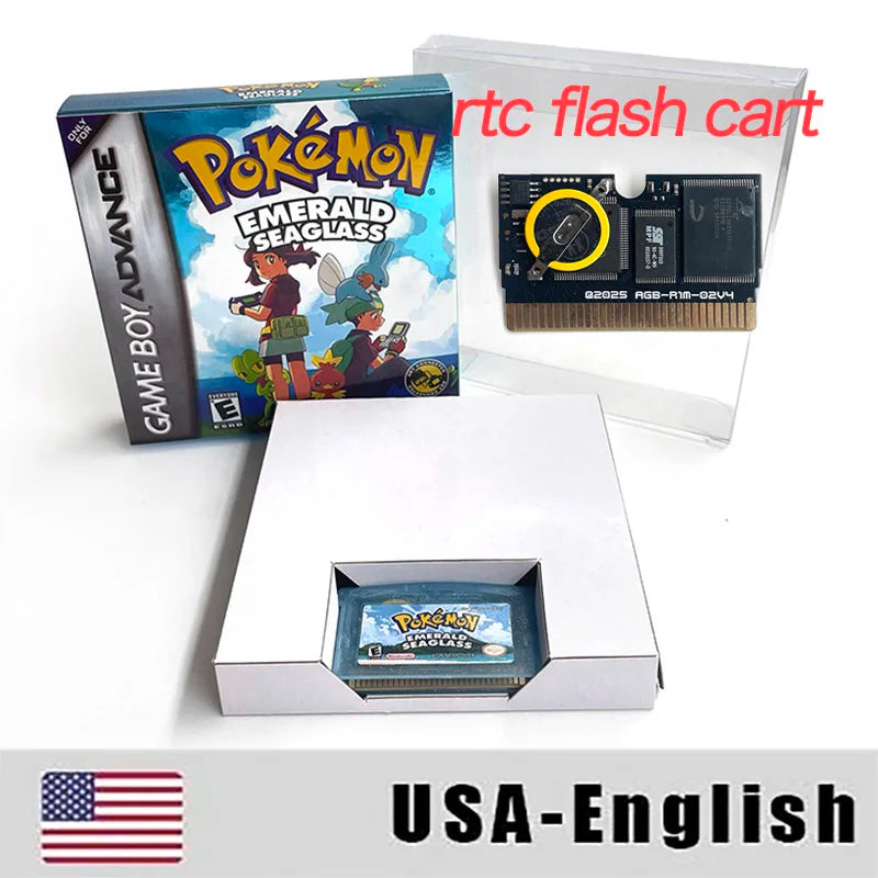 GBA Game USA ESP RTC Flash cart pokemon GLAZED Emerald Legacy firered rocket Unbound Cartridge BOX Card Rom Hack English Spanish