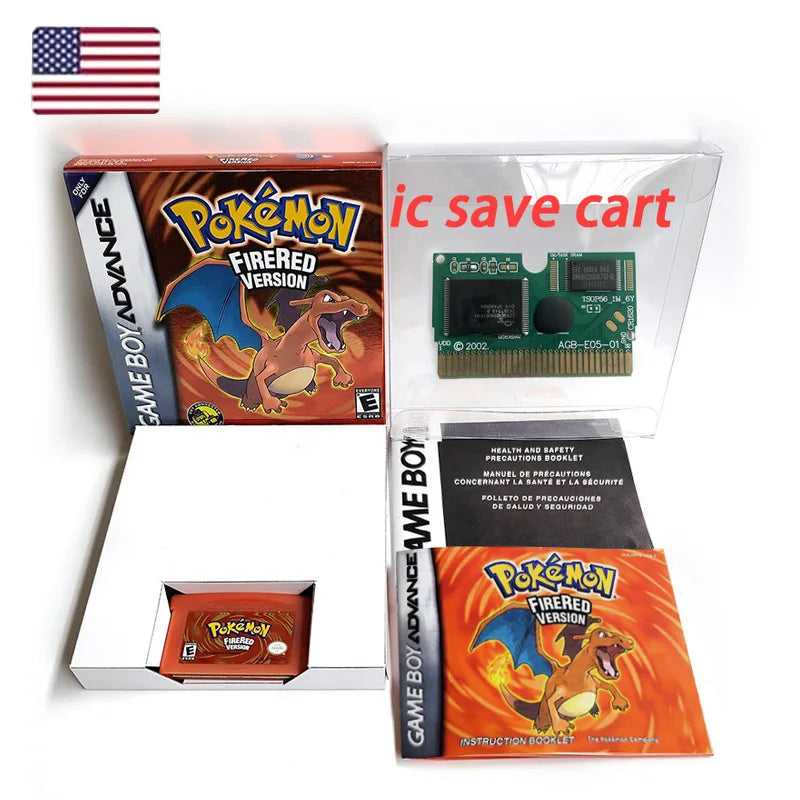 USA FRA NOE FRA version GBA game IC SAVE CART pokemon LeafGreen Firered sealed box tray Game Cartridge manual for gba