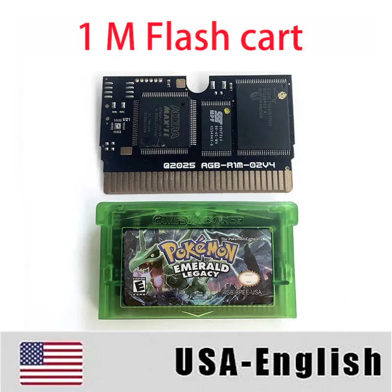 USA English RTC Flash cart pokemon Emerald Legacy v1.1.4 Real Time Clock Flash cart Box with Tray Game Cartridge for GBA