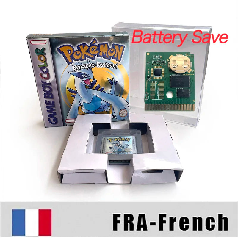 Battery Save pokemon yellow blue red crystal silver gold green USA EUR FRA ESP NOE ITA Game Cartridge with box for GBC