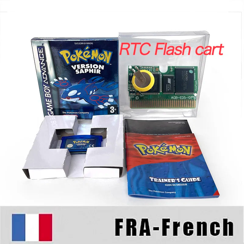 USA FRA NOE FRA version GBA game RTC 1 M Flash CART pokemon sapphire ruby sealed box tray Game Cartridge manual for gba