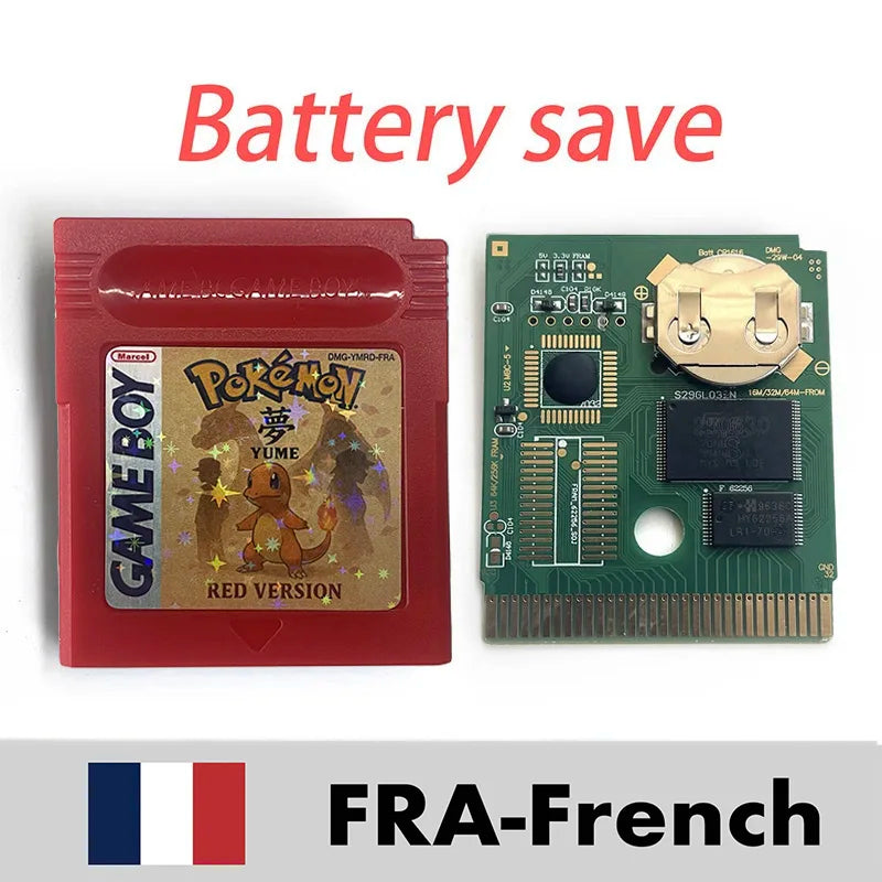 USA FRA English French Pokemon pure yume red blue green battery save cart Cartridge Video Game Console Card Rom Hack for gbc
