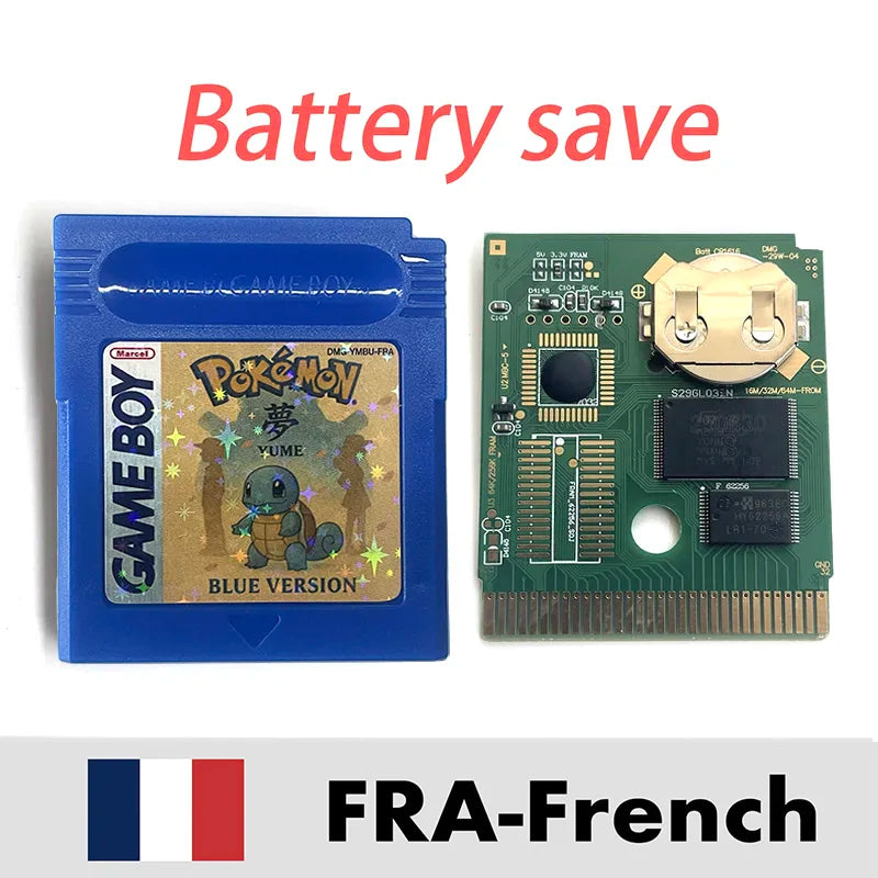 USA FRA English French Pokemon pure yume red blue green battery save cart Cartridge Video Game Console Card Rom Hack for gbc