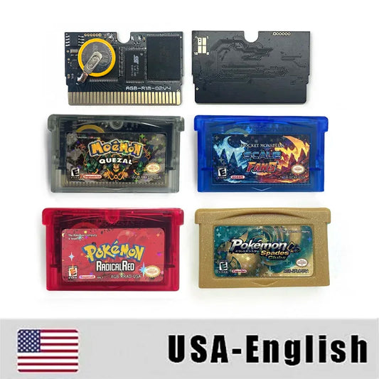 USA/NTSC RTC Flash cart Pokemon QUEZAL Spades Clubs POCKET MONSTERS SCALE TANS RADICAL RED GBA Game Cartridge Card Rom Hack