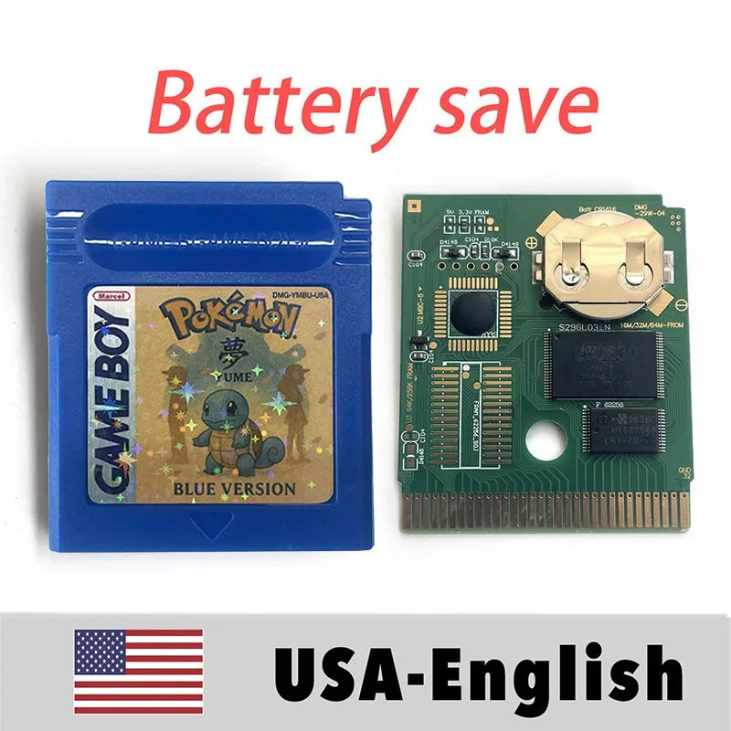 USA FRA English French Pokemon pure yume red blue green battery save cart Cartridge Video Game Console Card Rom Hack for gbc