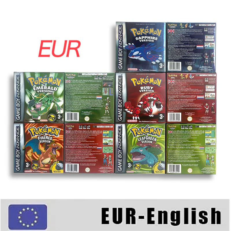 EUR ESP NOE FRA ITA IC save cart Nintendo Pokemon Emerald Ruby Leafgreen Sapphire Firered Metallic Holographic Box game cartridge for GBA
