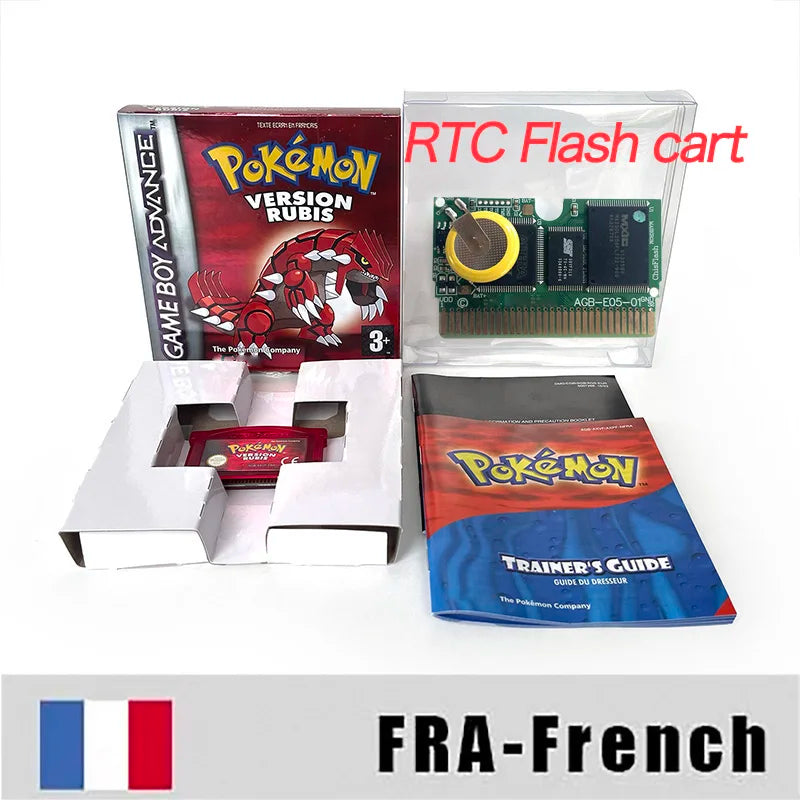 USA FRA NOE FRA version GBA game RTC 1 M Flash CART pokemon sapphire ruby sealed box tray Game Cartridge manual for gba