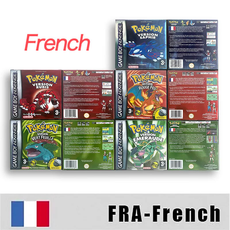 EUR ESP NOE FRA ITA IC save cart Nintendo Pokemon Emerald Ruby Leafgreen Sapphire Firered Metallic Holographic Box game cartridge for GBA
