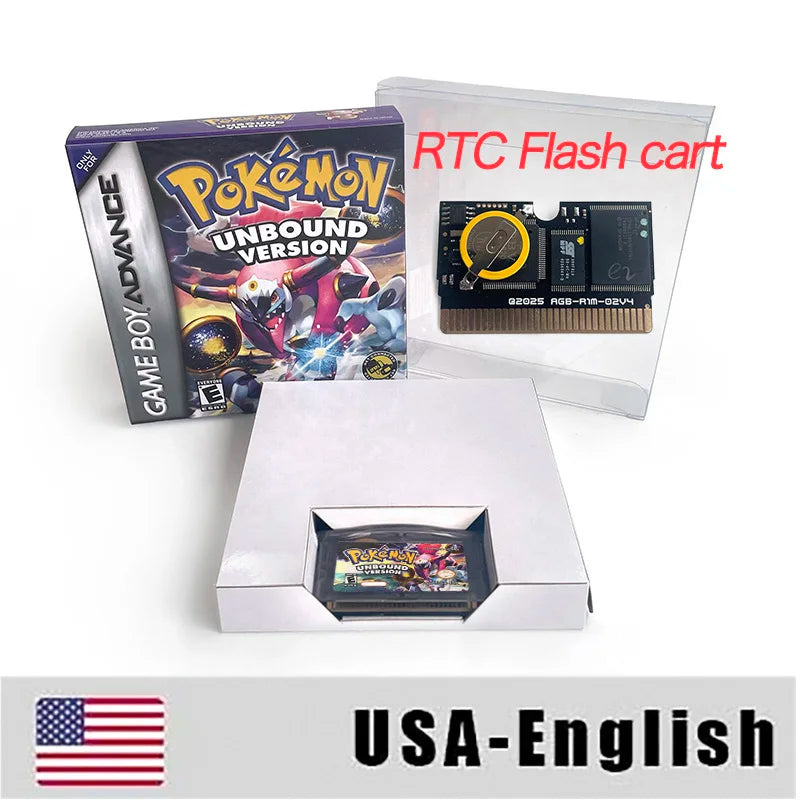GBA Game USA ESP RTC Flash cart pokemon GLAZED Emerald Legacy firered rocket Unbound Cartridge BOX Card Rom Hack English Spanish