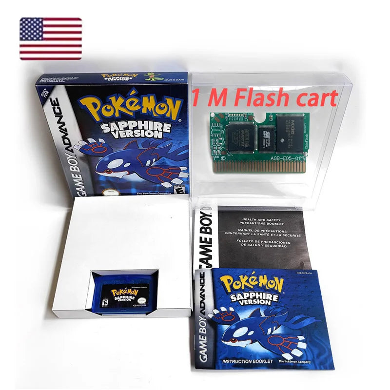 USA FRA NOE FRA version GBA game RTC 1 M Flash CART pokemon sapphire ruby sealed box tray Game Cartridge manual for gba