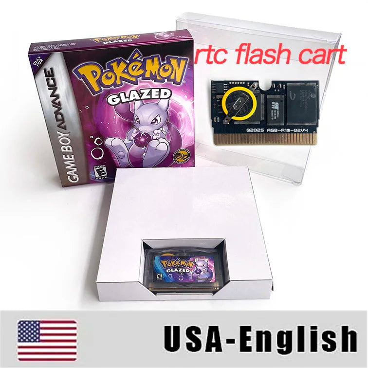 GBA Game Pokemon Glazed v8.6.3.gba ESP USA PT Version RTC Flash cart Cartridge Rom Hack English Spanish Portuguese