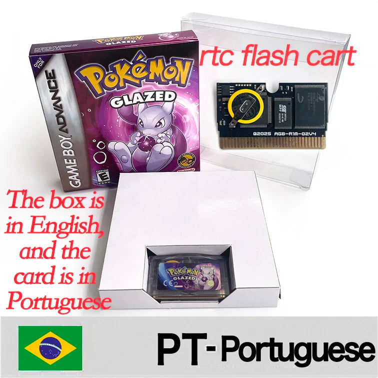 GBA Game USA ESP RTC Flash cart pokemon GLAZED Emerald Legacy firered rocket Unbound Cartridge BOX Card Rom Hack English Spanish