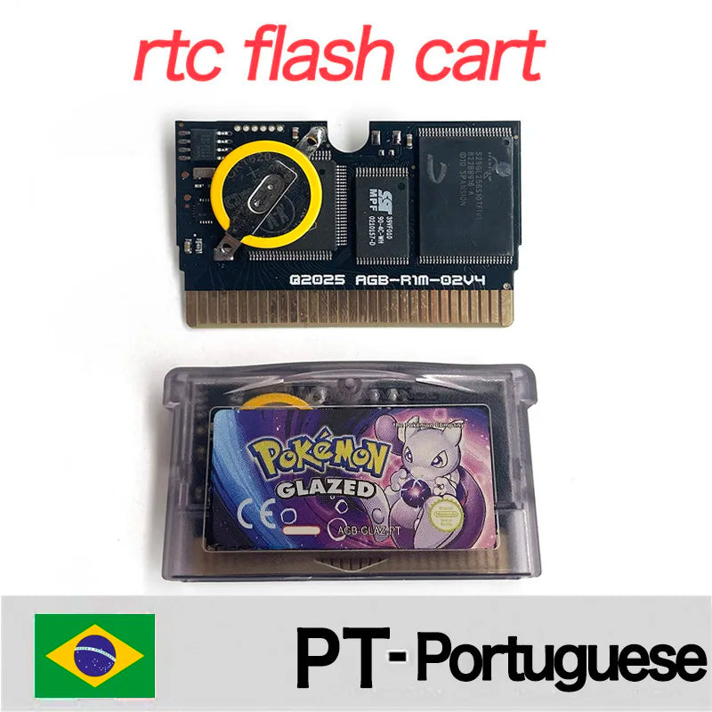 Pokemon glazed USA ESP PT Version GBA Game RTC Flash cart Cartridge Video Game Card Rom Hack Spanish Portuguese English