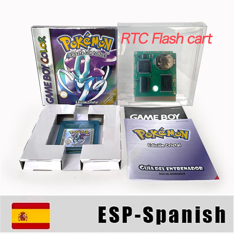 GBC game ESP Spanish pokemon crystal version RTC Flash cart Battery save Nintendo pokemon cristal cartridge tray box game boy color