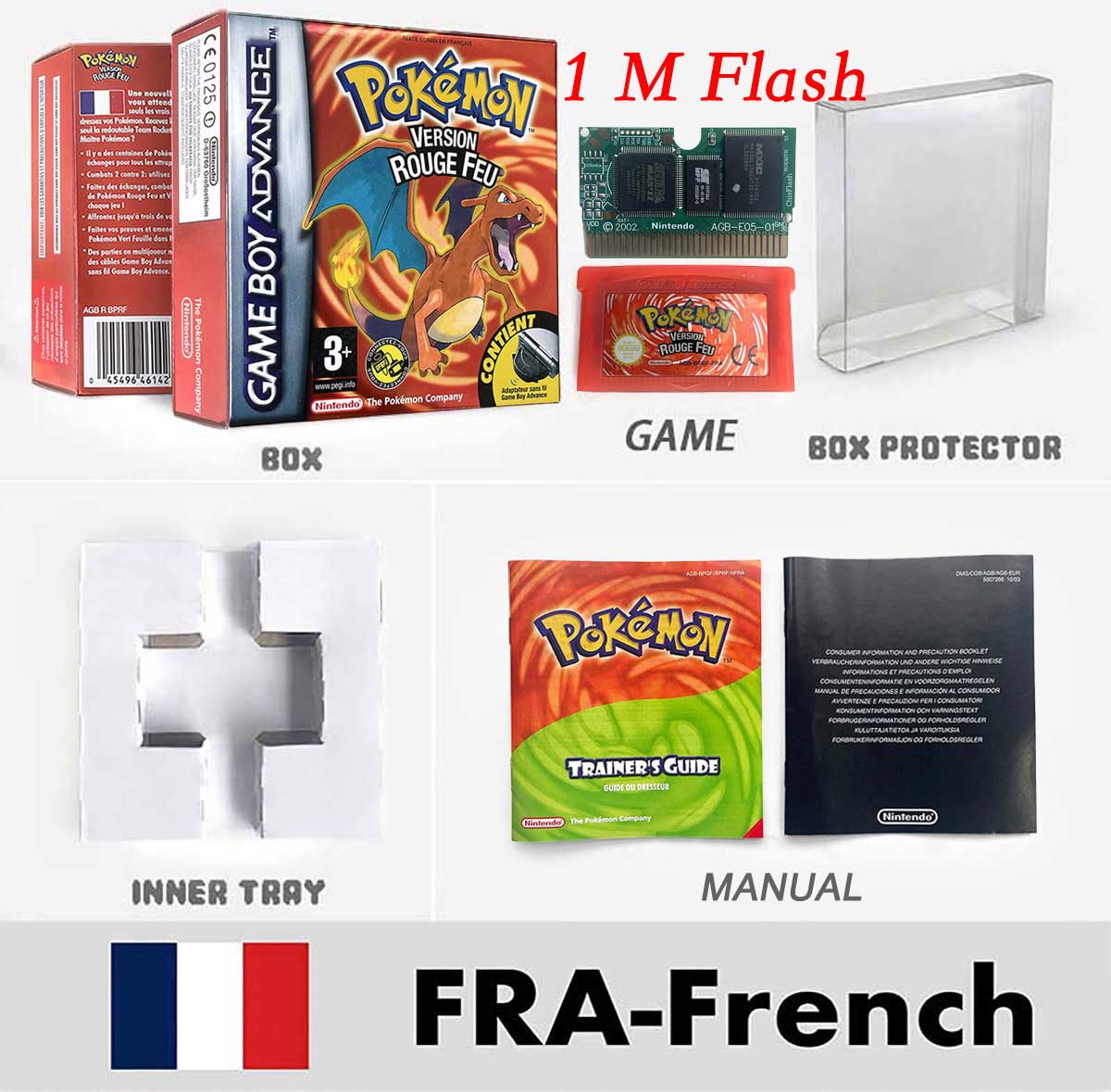 USA FRA NOE FRA RTC/1 M Flash CART pokemon sapphire ruby leafgreen emerald firered sealed box tray Game Cartridge manual for gba