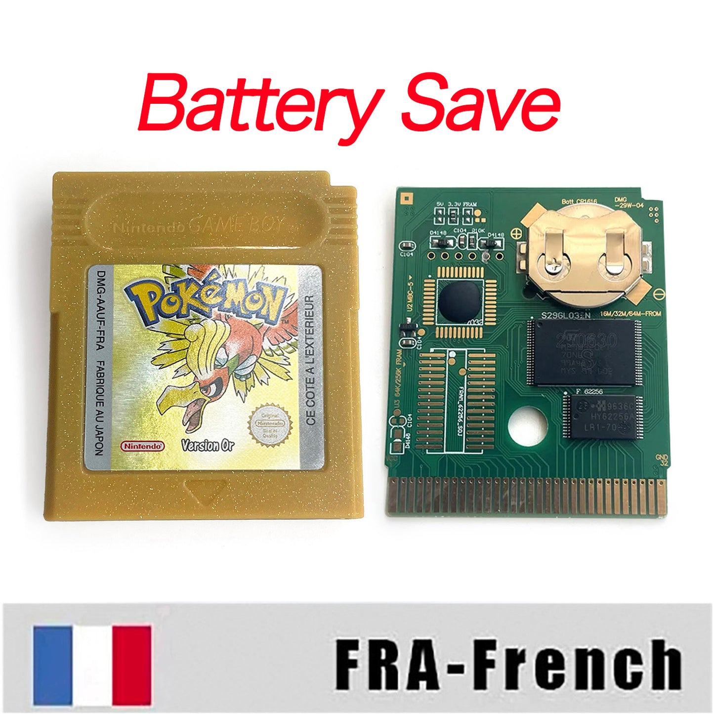 gbc game FRA French pokemon gold version RTC Flash cart Battery save pokemon Or cartridge with tray box game boy color