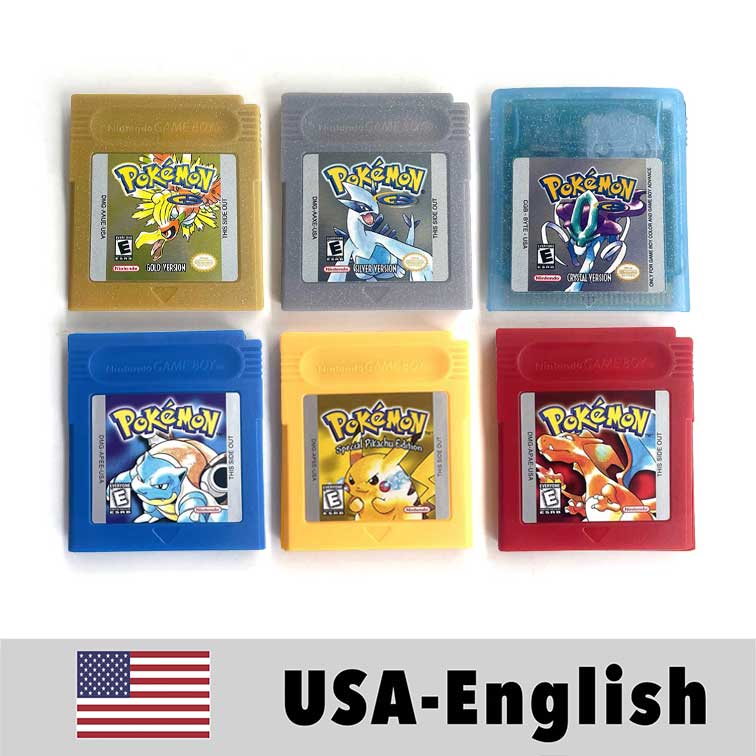 （Shipped from the United States)USA Pokemon Battery Save cart Crtstal, Red, Blue green,Yellow, Gold, Silver,  box trey manual Game Cartridge for GBC