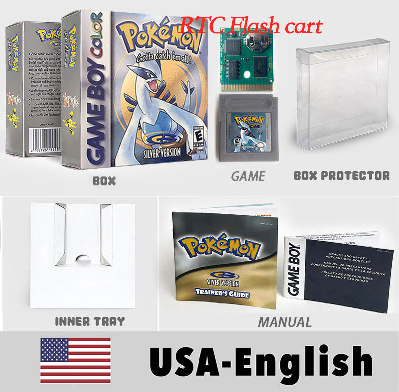 USA ITA NOE FRA ESP pokemon Gold silver RTC NO RTC Flash cart sealed 16 bit box tray manual Game Cartridge for GBC