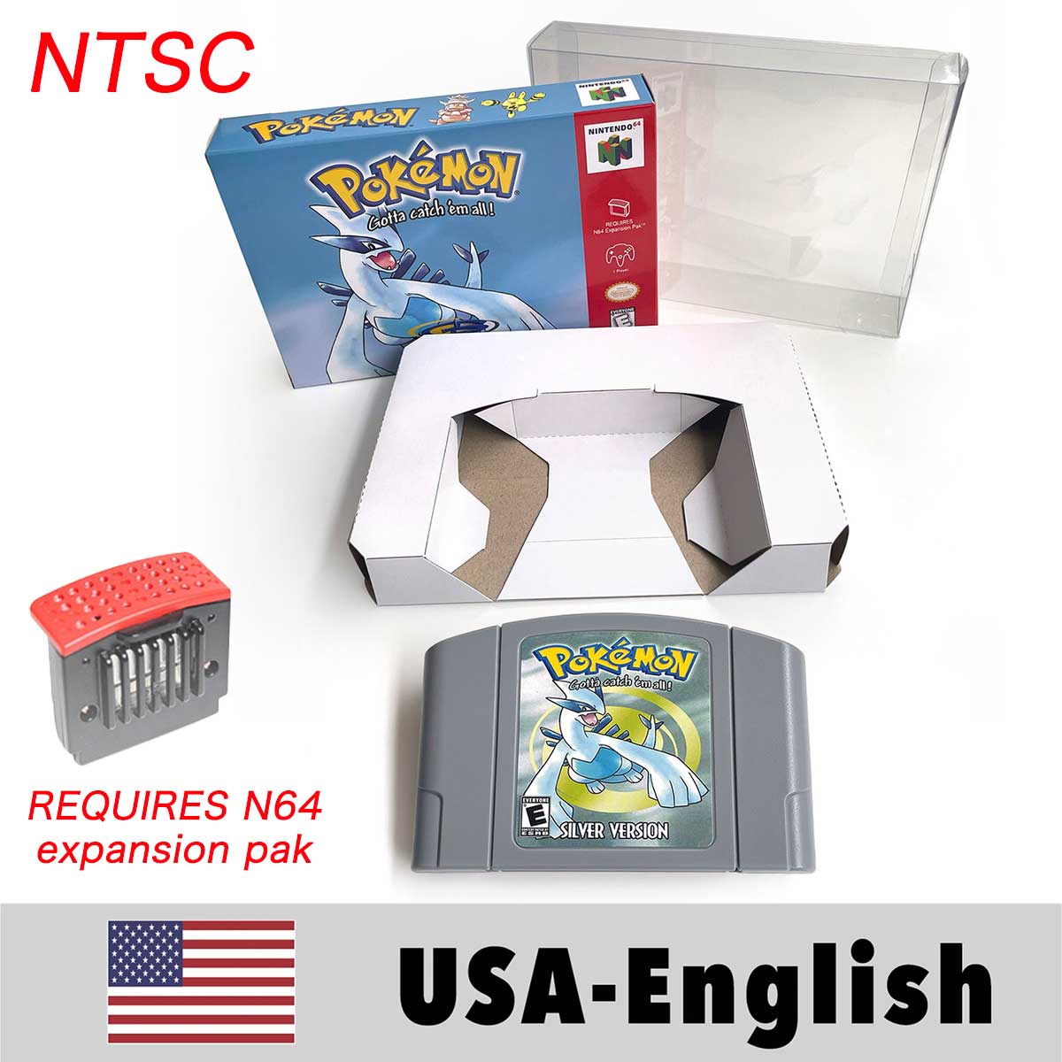 USA NTSC Pokemon Blue Crystal Red Silver Yellow Gold Green Game Cartridge 64 Bit Game Consoles with Retail Box for N64