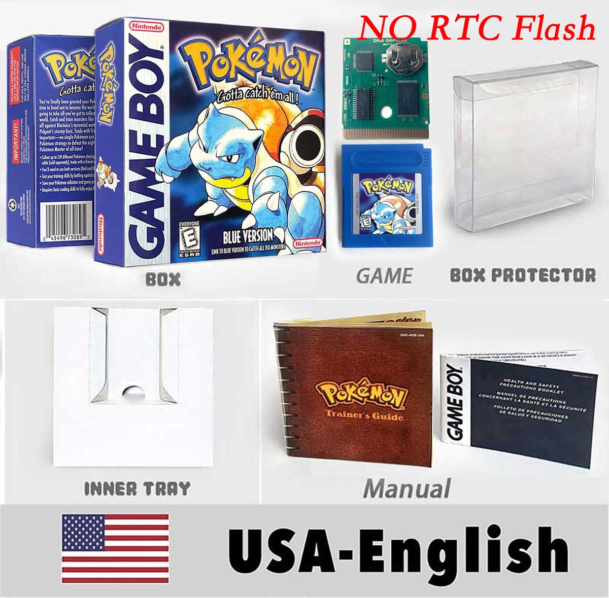 USA ITA NOE FRA ESP pokemon RTC Gold silver crystal NO RTC yellow red blue sealed 16 bit box tray manual Game Cartridge for GBC