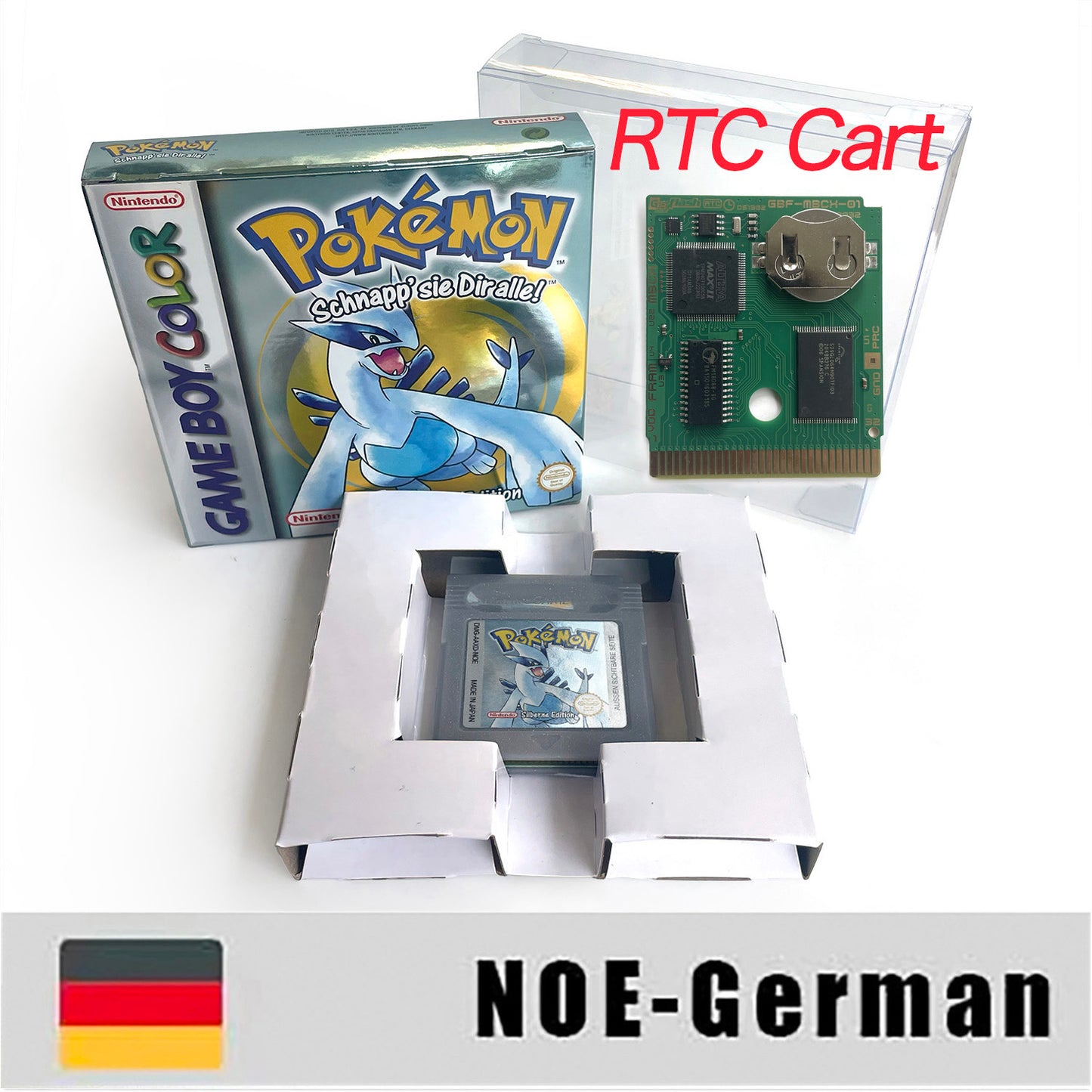 GBC game NOE German pokemon silver version RTC Flash cart Battery save Nintendo pokemon Silber cartridge tray box game boy color