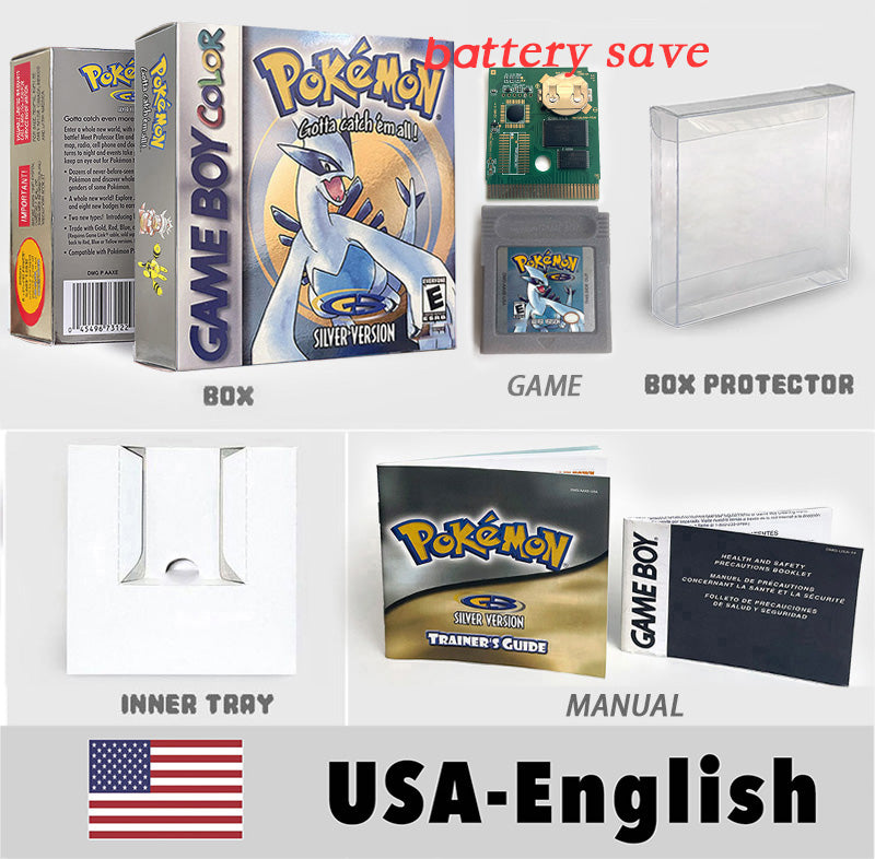USA ITA NOE FRA ESP version battery save cart sealed pokemon crystal gold silver yellow red blue 16 bit box tray manual Game Cartridge for GBC