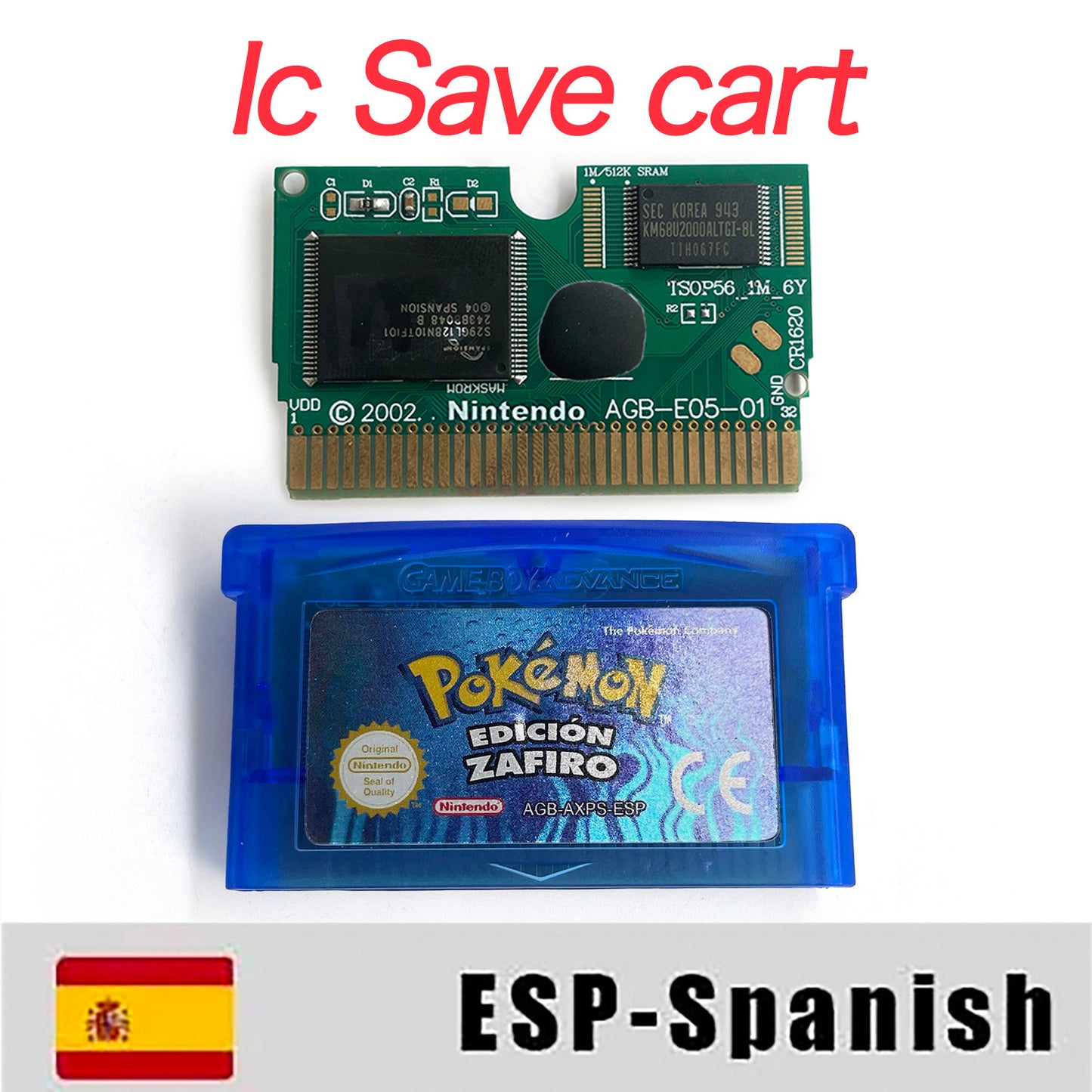 ESP Spanish IC save rtc flash cart Real Time Clock pokemon sapphire version box with tray Nintendo game cartridge for gba