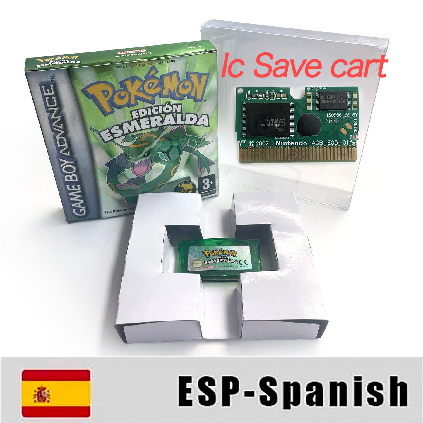 ESP Spanish IC save rtc flash cart Real Time Clock pokemon emerald version box with tray Nintendo game cartridge for gba