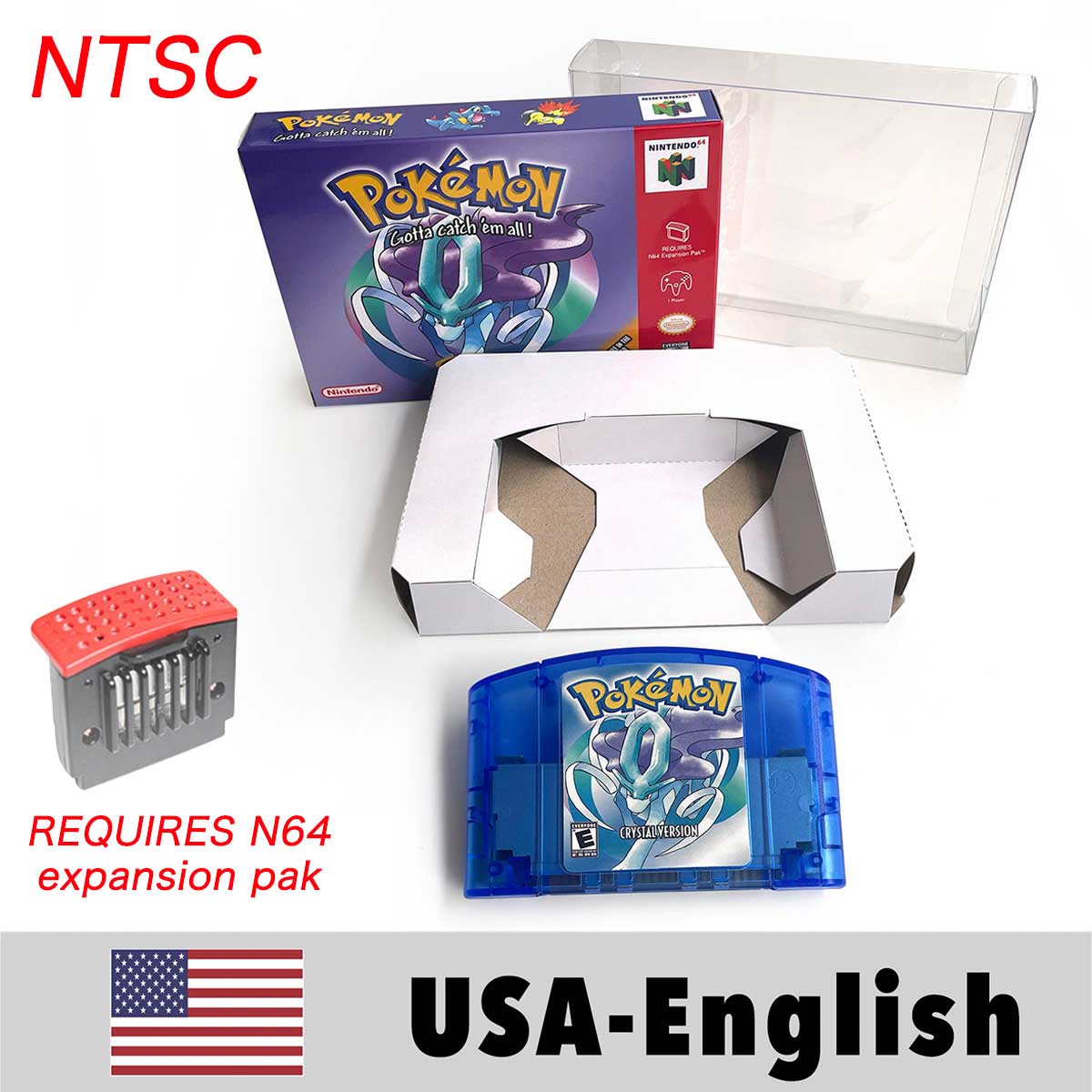 USA NTSC Pokemon Blue Crystal Red Silver Yellow Gold Green Game Cartridge 64 Bit Game Consoles with Retail Box for N64