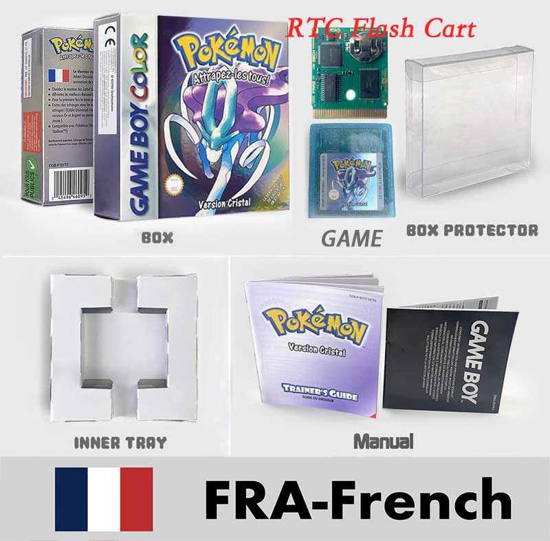 USA ITA NOE FRA ESP pokemon RTC Gold silver crystal NO RTC yellow red blue sealed 16 bit box tray manual Game Cartridge for GBC