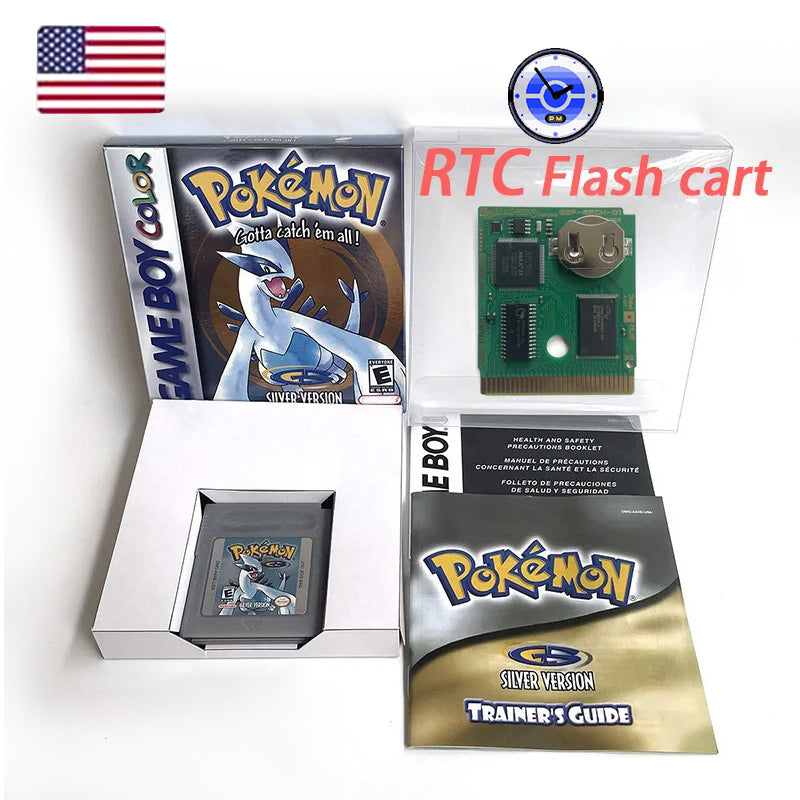 USA english sealed pokemon silver version RTC Flash cart Battery save IC save Manual cartridge with tray box for gbc game boy color