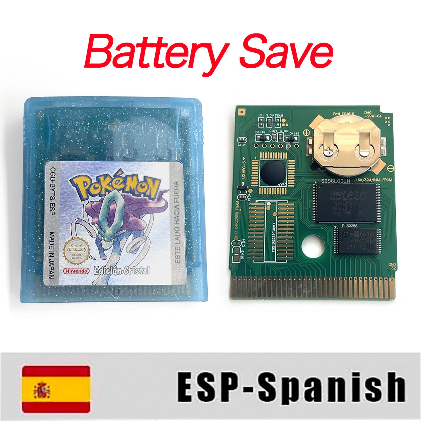 GBC game ESP Spanish pokemon crystal version RTC Flash cart Battery save Nintendo pokemon cristal cartridge tray box game boy color